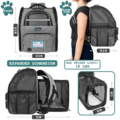 PetAmi Expandable Dog Backpack Carrier for Cats & Pets, Breathable Cat Carrier Backpack with Top Window & Multi-Entry, Ventilated Foldable Travel Carrier for Small Medium Pets up to 18 lbs, Light Gray - color: Gray