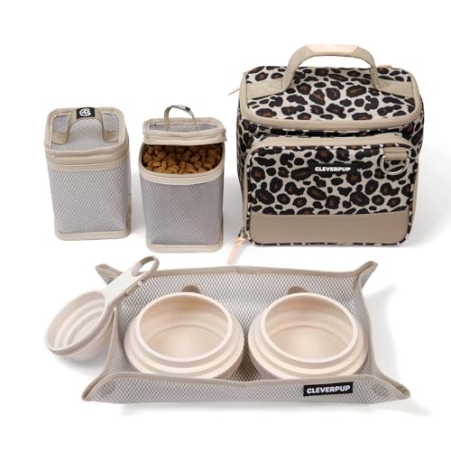 Cleverpup Small 7-Piece Bistro Box Dog Food Travel Kit, 6-Cup BPA-Free Kibble Storage, 2 Silicone Bowls, Mat & Scoop - Portable Pet Food Kit for Weekends, Overnights, Daycare & Camping, Leopard - color: Leopard, size: Small