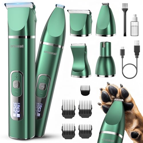 oneisall 4 in 1 Dog Grooming Kit with LCD Display, Dog Hair Trimmer for Paw Nail Grinder, Rechargeable Cordless Low Noise IPX7 Waterproof Pet Clippers Green - color: Green
