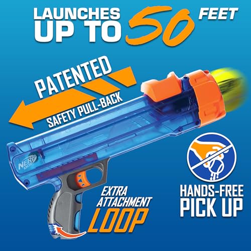 Nerf Dog Tennis Ball Blaster Dog Toy Gift Set, Tennis Ball Dog Fetch Toy Launches up to 50 ft, Dog Ball Thrower for All Breeds Includes Translucent Blue Tennis Ball Launcher and 3 Dog Tennis Balls - size: 4 Piece Set