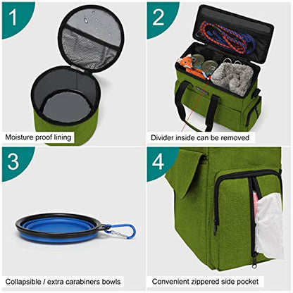 Modoker Dog Travel Bag, Weekend Pet Travel Set for Dog and Cat, Airline Approved Tote Organizer with Multi-Function Pockets and 2 Food Storage Containers, 2 Collapsible Bowls, 1 Feeding Mat (Green) - color: Green