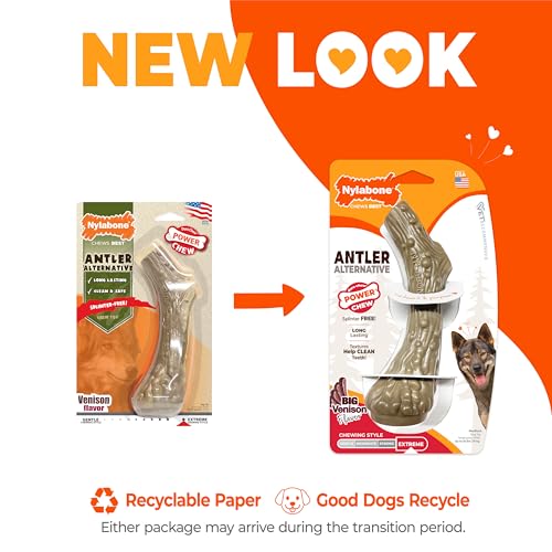 Nylabone Power Chew Antler Alternative Nylon Chew Toy for Dogs, Dog Toys for Aggressive Chewers, Venison Flavor, Medium/Wolf (1 Count) - size: Medium