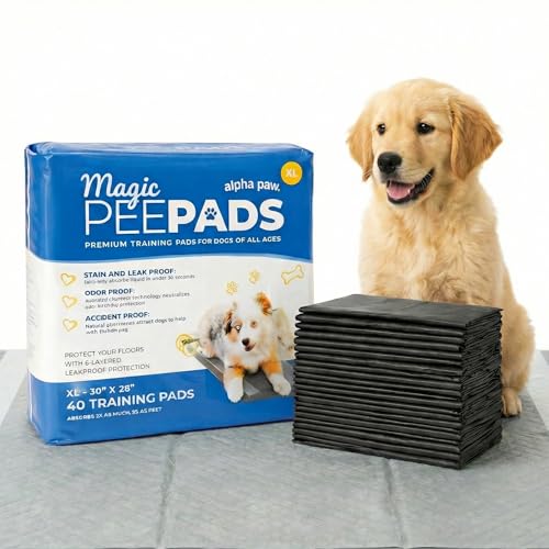 Alpha Paw - Magic Dog & Puppy Pee Pads - Puppy Pads with Charcoal, Extra Thick 6 Layers + Gel Tech Absorbs 6 Cups, Advanced Quick-Dry Indoor Wee Wee Pads for Dogs Training - XL Dog Pads 26”x30” 40 CT