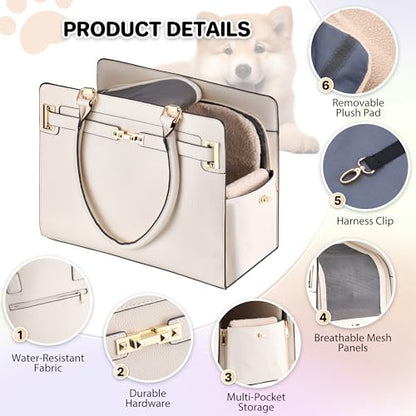 Dog Purse Carrier for Small Dogs, Stylish Foldable Pet Carrier Purse Tote Bag with Washable Cushion & Safety Leash, Airline Approved Puppy Travel Bag with Pockets (White) - color: White
