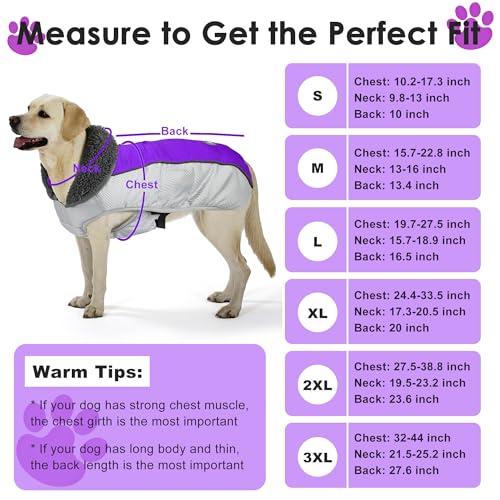 Petglad Dog Coat, Waterproof Ripstop Dog Winter Jacket with Leash Hole, Reflective Adjustable Warm Pet Fleece Snow Sweater for Small Medium Large Dogs - Purple, 3XL - color: Purple, size: 3XL