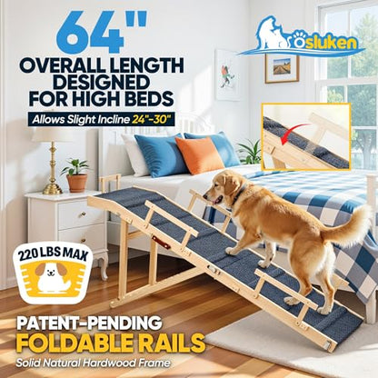 Dog Ramp for Bed with Rails, 64" Long Foldable Pet Ramp for Small Large Dogs, Dog Ramps for High Beds with Safety Side Railng, 6 Adjustable Heights 24" to 30" Up to 220LBS (Gray)