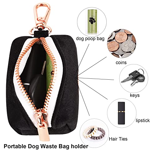 ARING PET Dog Waste Bag Dispenser, Soft Black Doggy Poop Bags Holders Attach to Any Leashes, Velvet Portable Washable Pet Waste Pouch Dispenser with Metal Zipper - color: A:black