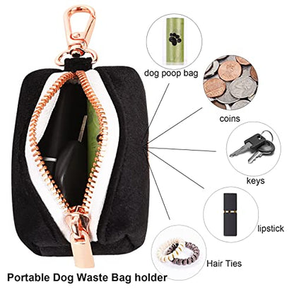 ARING PET Dog Waste Bag Dispenser, Soft Black Doggy Poop Bags Holders Attach to Any Leashes, Velvet Portable Washable Pet Waste Pouch Dispenser with Metal Zipper - color: A:black