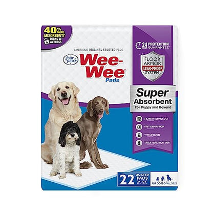 Four Paws Wee-Wee Super Absorbent Unscented Pee Pads for Dogs & Puppies with Insta-Rise Border, Leak-Proof Dog Housebreaking Potty Training Floor Protection, 24" x 24", 22 Count - size: 22 Count