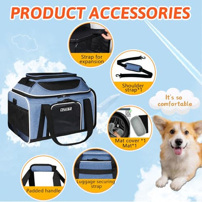 Petskd Top and Side Expandable Pet Carrier 17x12x8.5 Inches JetBlue Frontier Spirit Airline Approved, Soft-Sided Carrier for Small Cats and Dogs with Locking Safety Zippers and Anti-Scratch Mesh(Blue) - color: Blue, size: 17.0"L x 12.0"W x 8.5"H