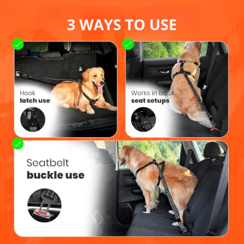 Dog Car Seat Belt for Vehicle Safety, Adjustable Dog Seat Belt Tether with Bungee Stretch, Seat Belt Clip & Headrest Loop, Includes Collapsible Travel Dog Bowl 350ml, Black/Orange