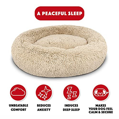 The Dog’s Bed Calming Donut Dog Bed, Plush Faux Fur Round Cuddler Nest – CertiPUR-Certified Foam, One-Piece Design, Raised Bolster – Medium (30"), Beige