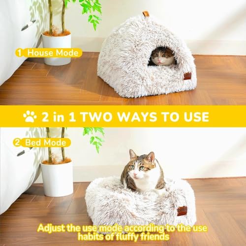 CATISM Cat Bed, Cat Cave for Indoor Cats, Soft Cat Dome, Self-Warming 2 in 1 Foldable Pet Cat House with Washable Cushioned Pillow Calming Fluffy Dog Beds for Small Dogs with Anti-Slip Bottom Brown - color: Brown