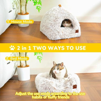 CATISM Cat Bed, Cat Cave for Indoor Cats, Soft Cat Dome, Self-Warming 2 in 1 Foldable Pet Cat House with Washable Cushioned Pillow Calming Fluffy Dog Beds for Small Dogs with Anti-Slip Bottom Brown - color: Brown
