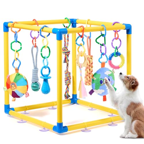 Puppy Play Gym with 8 Hanging Toys, Small Dogs Indoor Jungle Playground, PVC Frame with Suction Cups Interactive Enrichment Activity Center