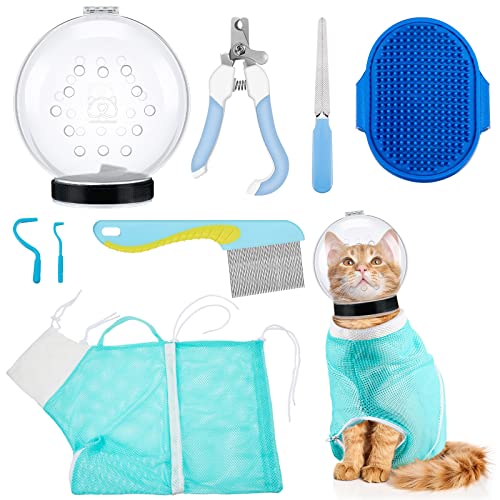 8 Pcs Cat Muzzle Set with Adjustable Cat Bathing Bag, Breathable Muzzle Pet for Shower Grooming Brush Tick Remover Tool Nail Clipper Nail File for Dog, Bunny Cleaning Trimming(M Size,Blue) - size: M Size