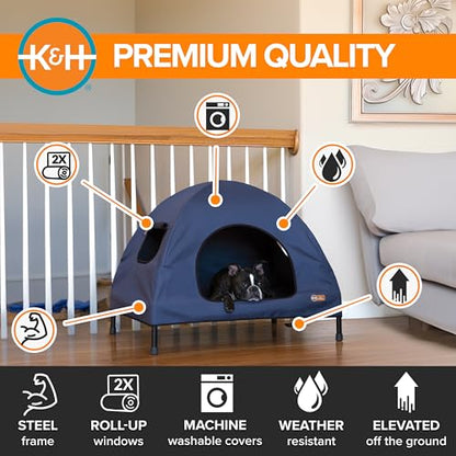 K&H Pet Products Pet Cot House for Medium Dogs, Outdoor Elevated Dog Cot House, Enclosed Canopy, Window Flaps for Air Flow, Washable Cover, Raised Metal Frame, Collapsible - Medium 32 X 25in Blue - size: Medium 25 X 32 X 28 Inches