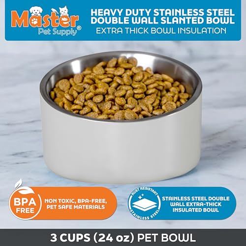 Master Pet Supply Stainless Steel Slanted Dog Cat Food Bowl - 24 oz Heavy Duty - Bone White, Double Wall Insulated, Non-Slip Elevated Bowl for French Bulldogs Pugs Cats, Anti Rust Dishwasher Safe - color: Bone White, size: 3 Cups (24 oz)