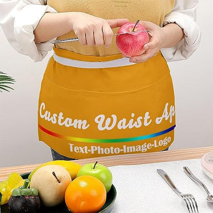 sophiehome Custom Waist Apron with Pockets Add Photo Logo Name Personalized Waiter Server Short Aprons for Kitchen - color: Gold