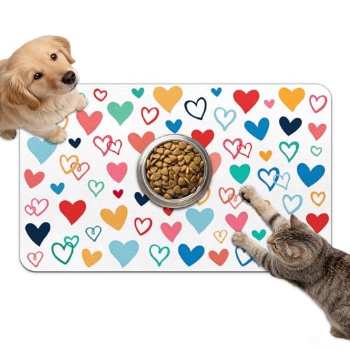 Dog Food Mat for Bowls, Absorbent Quick Dry Dog Cat Mats for Food and Water, Non-Slip Backing Pet Mat Pet Supplies - Heart Pattern - color: Heart1