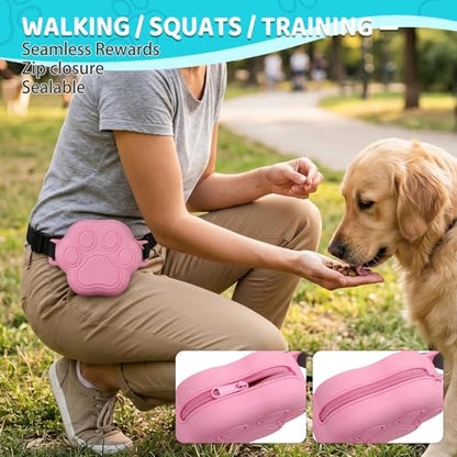 Dog Treat Pouch with Training Clicker and 2 Poop Bags, 1.8 Cup Small Sealable Zipper Silicone Fanny Pack with Waist Belt, Pet Puppy Training & Walking Essentials (Pink) - color: Pink