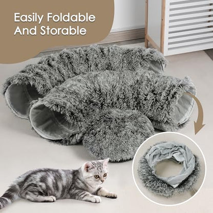 Cat Tunnel Bed for Indoor Cats, Peekaboo Cat Cave with Washable Soft Play Mat, Furry Cat Tube, for Kitten/Puppy/Rabbit, Black - color: black
