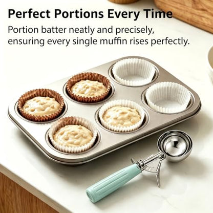 Saebye 3.25 OZ Scoop - #10 Portion Scoop, Ice Cream Scoop with Trigger, Cookie Scoop, Food Scoop, Muffin Scoop - Portion Control - 18/8 Stainless Steel, Mint Handle - size: #10/ 3.25 oz