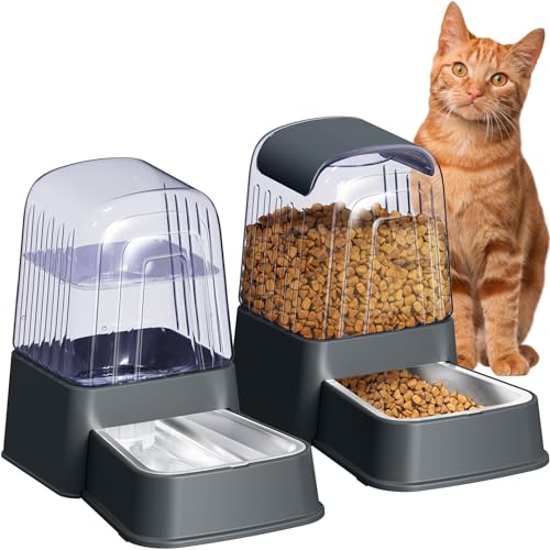 Automatic Dog and Cat Food Feeder and Water Dispenser Set with Stainless Steel Bowls,Gravity Pet Food and Water Feeders,100% BPA-Free,Large Capacity for Cats Dogs Pets…(3.5L Dark Gray) - color: 3.5L dark gray