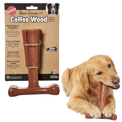 SPOT Bam-Bones Plus Coffee Wood T-Bone Dog Chew Toy, Beef Flavor, Nylon and Coffee Wood Fiber Blend, Durable Chew for Heavy Chewers and Dogs Under 90 lbs, Non-Splintering Dental Chew, 7 Inch - size: 7 Inch (Pack of 1)