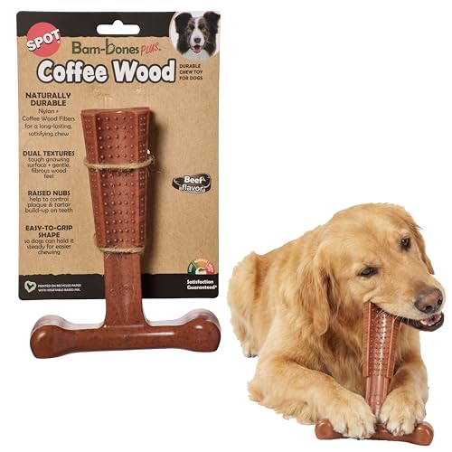 SPOT Bam-Bones Plus Coffee Wood T-Bone Dog Chew Toy, Beef Flavor, Nylon and Coffee Wood Fiber Blend, Durable Chew for Heavy Chewers and Dogs Under 90 lbs, Non-Splintering Dental Chew, 7 Inch - size: 7 Inch (Pack of 1)