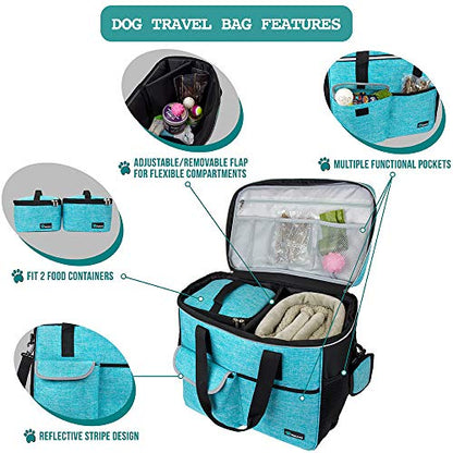 PetAmi Dog Travel Bag Organizer, Pet Travel Kit with 2 Food Containers & 2 Collapsible Dog Bowls, Pet Supplies Tote with Luggage Sleeve, Weekend Road Trip Camping Essentials, Teal Blue, Large - color: Sea Blue, size: Large - 15.5"L x 9.5"W x 14.0"H