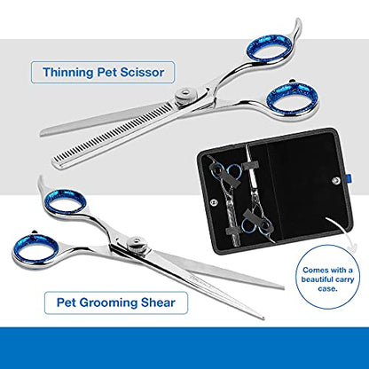 Laazar Pet Grooming Set - 7" Straight Pet Grooming Scissors & 6.5" Pet Thinning Shears with 42 Teeth | Professional Dog Scissors Kit | Use as Cat and Dog Shears - size: 7 Inch