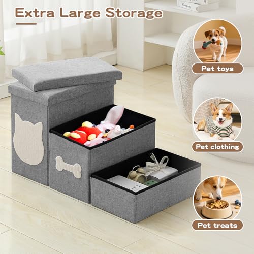 3-Step Wider Dog Steps for Bed 17" H, Foldable Dog Stairs with Storage, Non-Slip Pet Steps for Small Medium Large Dogs, Arthritis-Friendly Pet Stairs for Couch and Car Up to 200 lbs, Grey - size: 3-Step