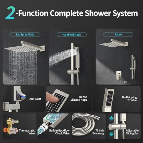 SR SUN RISE 12 Inch Square Shower System, Rain Shower Head and Slide Bar Handheld Shower Faucet Wall Mounted Combo Set Included Valve and Trim Kit for Bathroom, Brushed Nickel - color: Brushed Nickel, style: 12"