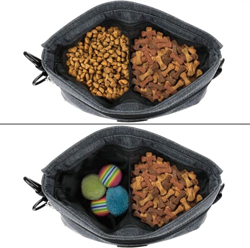 Viklluyr Dog Treat Pouch with Magnetic Closure, 2 Zip Pockets, Removable Inner Pocket, Padded Shoulder Strap, Perfect Food Bag for Agility Training - Including Carabiner - color: Black, size: L