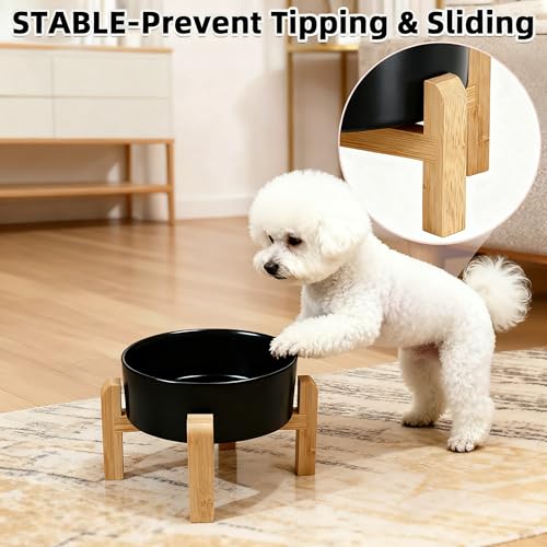 Elevated/Raised Ceramic Dog Bowl with Bamboo Stand,8 inch 7.6 Cups Non-Slip Heavy-Weighted Single Pet Dish, Reduces Neck Strain Black - color: Black, size: 7.6Cups - Large