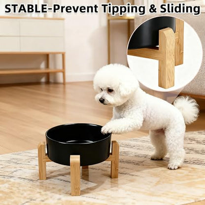 Elevated/Raised Ceramic Dog Bowl with Bamboo Stand,8 inch 7.6 Cups Non-Slip Heavy-Weighted Single Pet Dish, Reduces Neck Strain Black - color: Black, size: 7.6Cups - Large