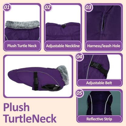 DENTRUN Warm Dog Winter Coat, Easy On Reflective Turtleneck Fleece Jacket | Adjustable buckle, easy on off, windproof & water-repellent, thick fleece snowsuit, outfit fits small to large breeds - color: Purple, size: Medium