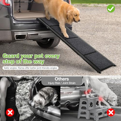 FAHKNS Dog Ramp for Car, 71" x 17" Extra Long Wide Folding Pet Ramp, Non-Slip Rug Surface, Aluminum, Black, Up to 300 LBS - size: Upgraded 71" L x 17.3" W