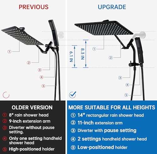 G-Promise All Metal 14 Inch Rain Shower Head with Power Wash Mode Handheld Spray Combo, Pause Setting 3-way Diverter, Full Body Coverage Waterfall Showerhead, Luxury Bathroom Upgrade (Matte Black) - color: Matte Black, size: 14 Inches