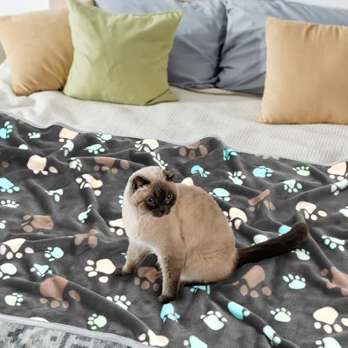 Tegeme 12 Pcs Pet Blankets 41 x 30 Inch Soft Fluffy Fleece Dog Cat Warm Paw Print Pattern Blankets Flannel Throw for Pets Dog Puppy Cat(Gray) - color: Gray, size: 41 x 30 Inch