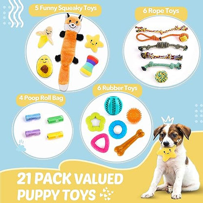 LOYEE Puppy Toys 21 Pack, Small Dog Chew Toys with Rope Toys for Teething Pet Cute Squeak Toy with Treating Ball for Puppy, Small Dogs - 21 Pack - style: 23 - Pack Fox