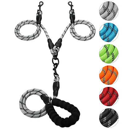 Double Dog Leash Reflective Detachable Coupler &360° Swivel Tangle Free, Heavy Duty Rope Leash Control with Padded Handle for Dual Large Medium Dogs Walking Running Training (Silver) - color: Silver