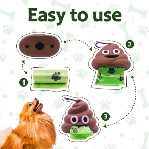 Dog Poop Bag Holder for Leash With Carabiner Clip, Dispenser Includes 15 Waste Bags Roll, Funny Silicone Holder