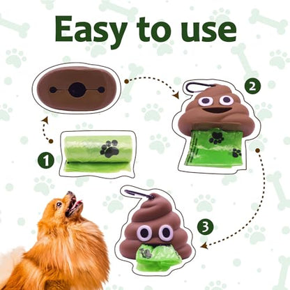 Dog Poop Bag Holder for Leash With Carabiner Clip, Dispenser Includes 15 Waste Bags Roll, Funny Silicone Holder