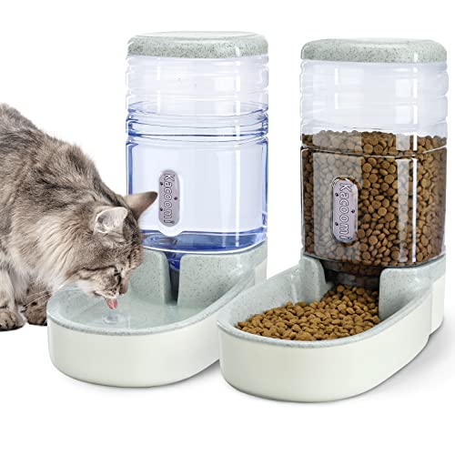 Automatic Dog Cat Feeder and Water Dispenser Gravity Food Feeder and Waterer Set with Pet Food Bowl for Small Medium Dog Puppy Kitten, Large Capacity 1 Gallon x 2(Grey) - color: Grey