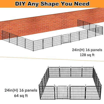 Getlay Dog Playpen 24 inch(H) 16 Panels Dog Fence Outdoor for Yard. Metal Dog Pen Heavy Duty Pet Puppy Exercise Pen for Rv Camping Garden Yard, Wide Door Low Threshold Dog Fence Total 31.4 Ft(L)