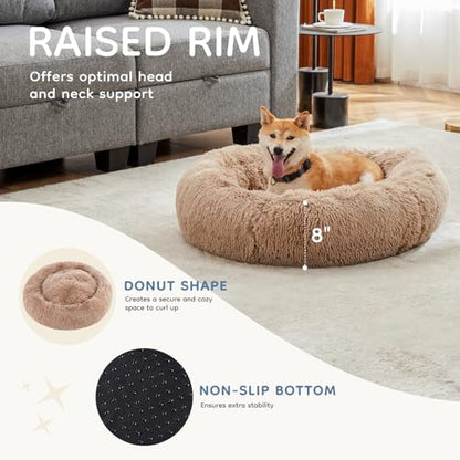 DUMOS 24.8x24.8 Inch Calming Donut Dog Beds for Medium Dogs, Machine Washable Cuddler Warming Cozy Fluffy Faux Fur Plush Round Pet Bed, Anti-Slip Bed for Indoor Dogs and Cats, Brown(2 Pack)