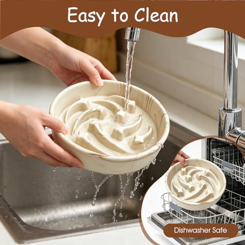Slow Feeder Dog Bowls Ceramic– 2 Cup Slow Feeding Bowl for Small and Medium Breed, Puzzle Dog Food Bowl for Fast Eater,Brown Marble Pattern
