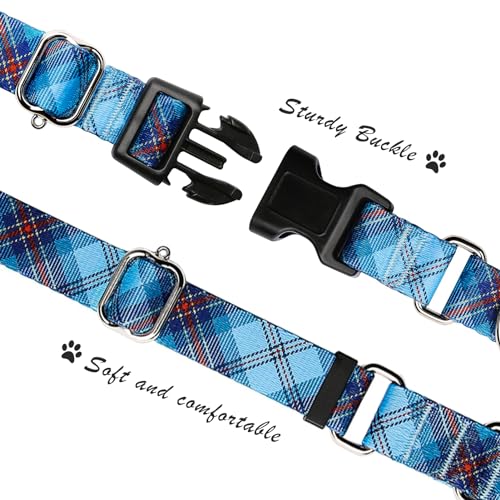 Hikiko Dog Collar for Small Medium Large Dogs, Adjustable Nylon Martingale Collars with Quick Release Buckle (Blue Plaid,L) - color: Blue Plaid, size: Large